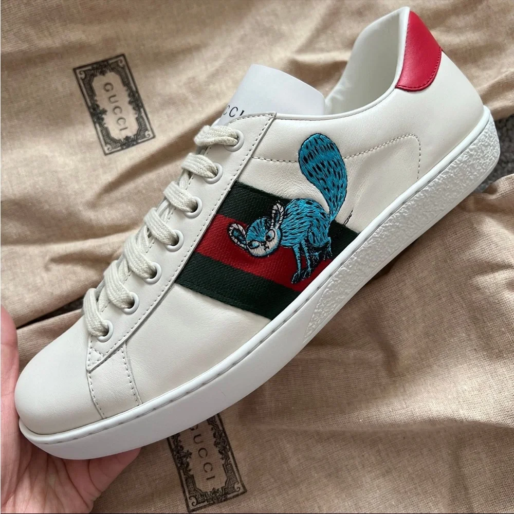 Gucci Men's White Leather Sneakers with Blue Bee Embroidery